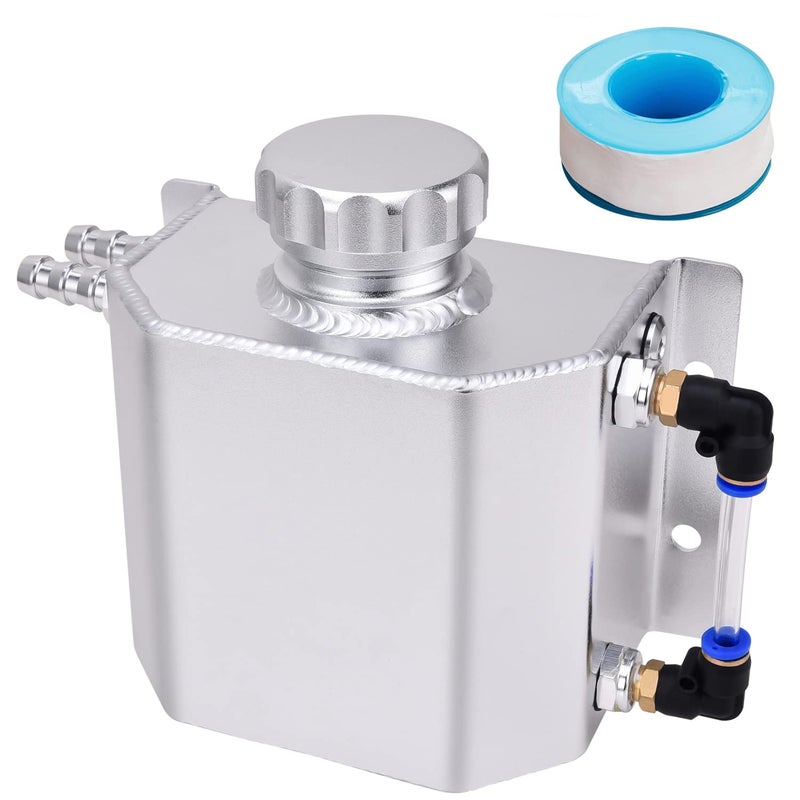 SPEEDWOW Coolant Overflow Tank, Aluminum Radiator Overflow Tank with Teflon Tape & O-ring Gasket, 1 L Universal Reservoir Expansion Tank (Silver) - Image 1